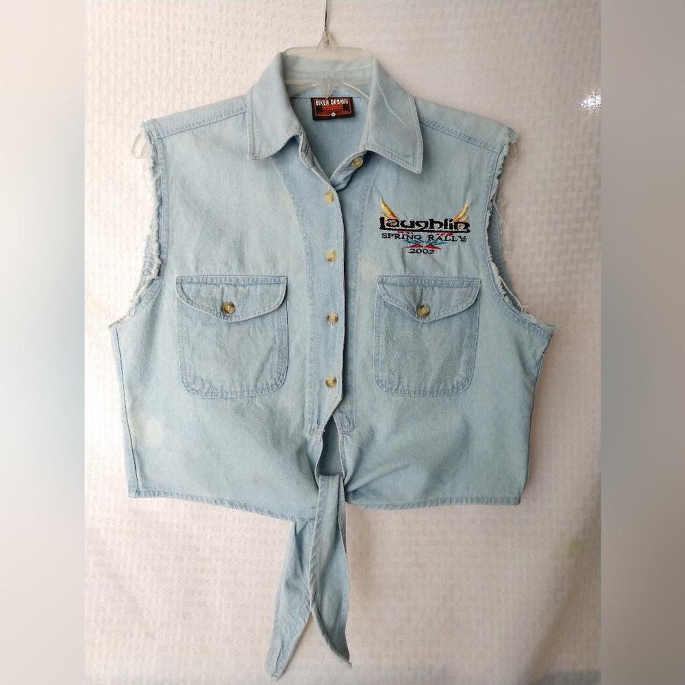 Women's Vintage Biker Denim CROP Shirt Tie Front Sleeveless Laughlin 2002 LARGE